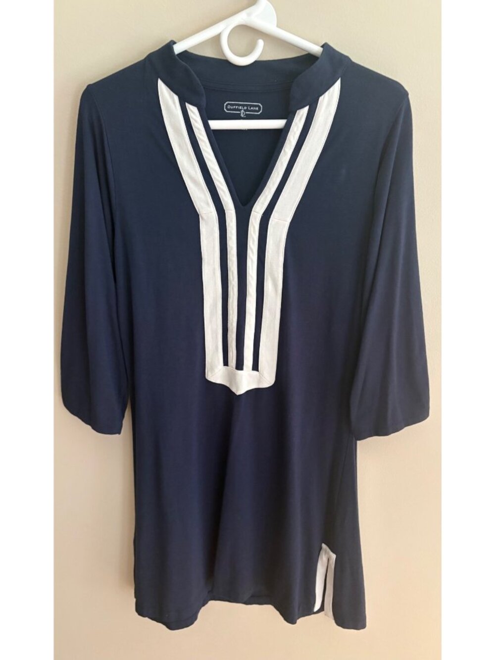 Duffield Lane Navy Tunic Dress Size Large White Trim 3/4 Sleeve Preppy Stretch - Picture 3 of 11